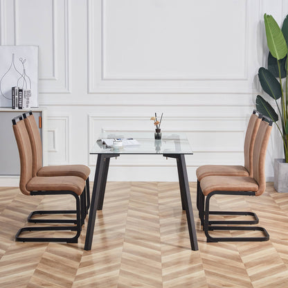 Modern dining chairs set of 4 brown technology cloth high back side chair with black metal legs close up upholstery