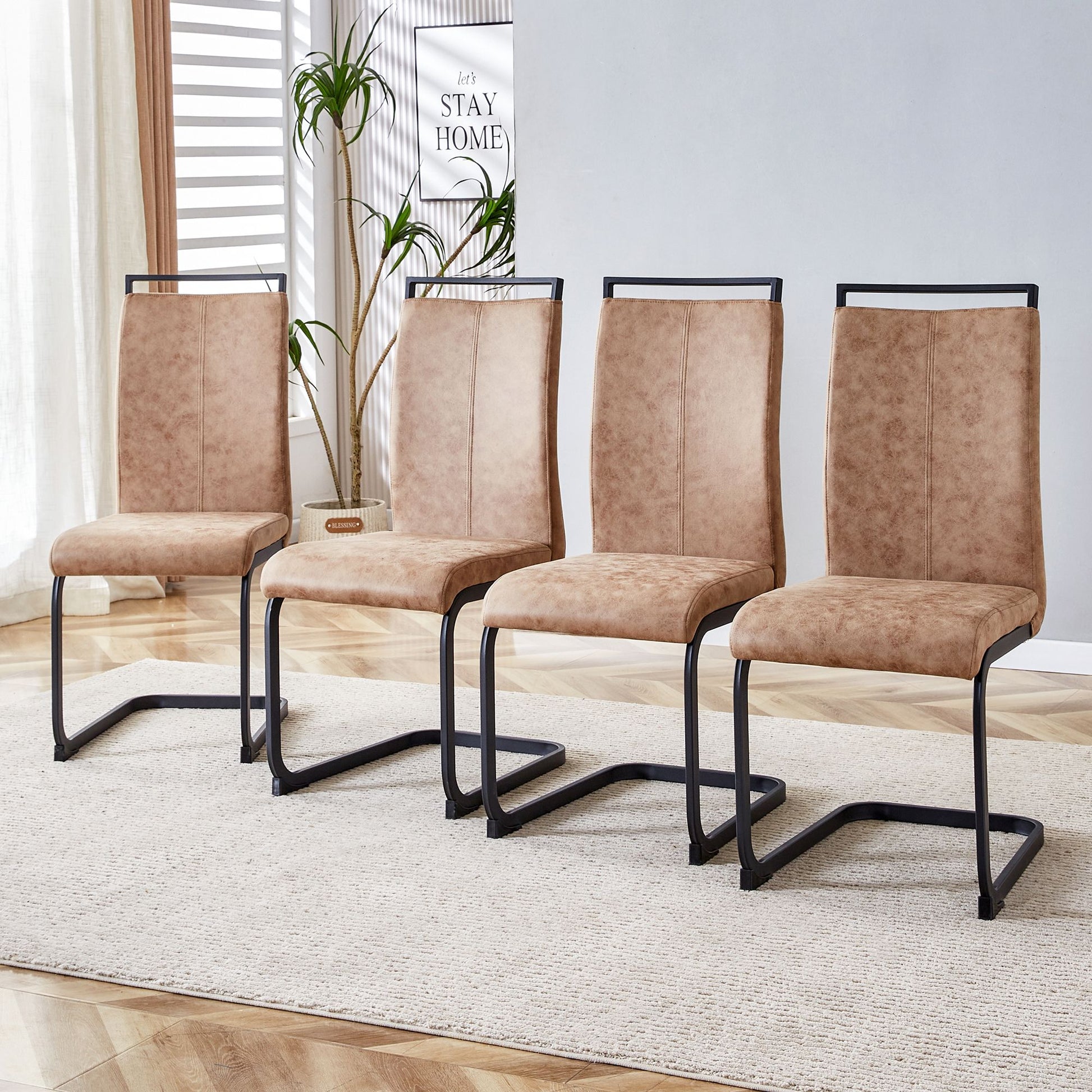Modern dining chairs set of 4 brown technology cloth high back side chair with black metal legs front view