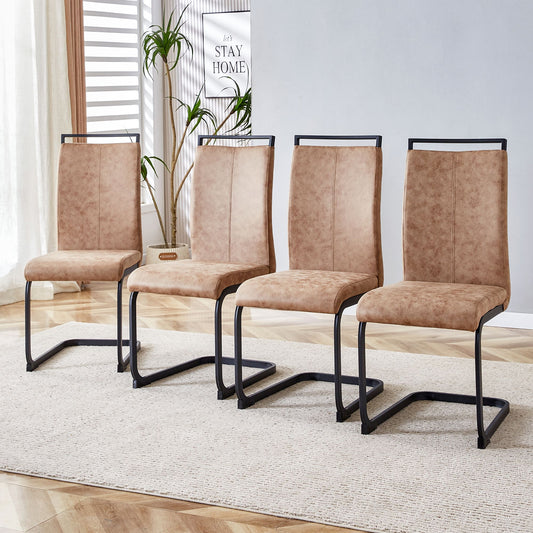 Modern dining chairs set of 4 brown technology cloth high back side chair with black metal legs front view