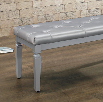 Modern Glam Silver Finish 1pc Bench Tufted Seat Foam Cushioned Faux Leather Upholstery Bedroom Furniture Home Decor image 2