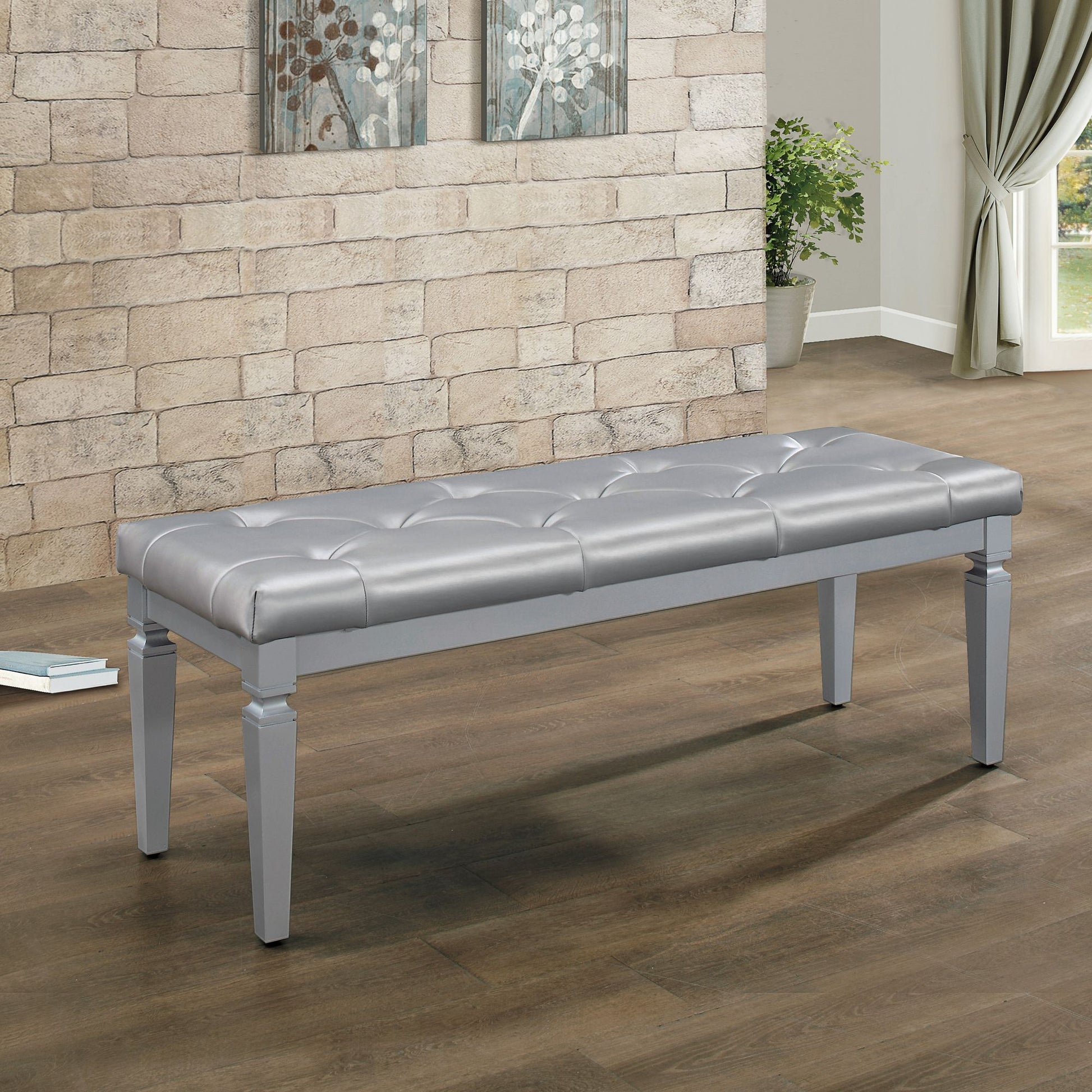Modern Glam Silver Finish 1pc Bench Tufted Seat Foam Cushioned Faux Leather Upholstery Bedroom Furniture Home Decor image 1