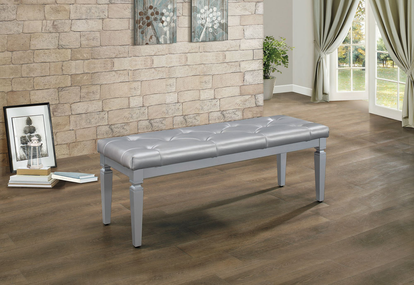 Modern Glam Silver Finish 1pc Bench Tufted Seat Foam Cushioned Faux Leather Upholstery Bedroom Furniture Home Decor image 3