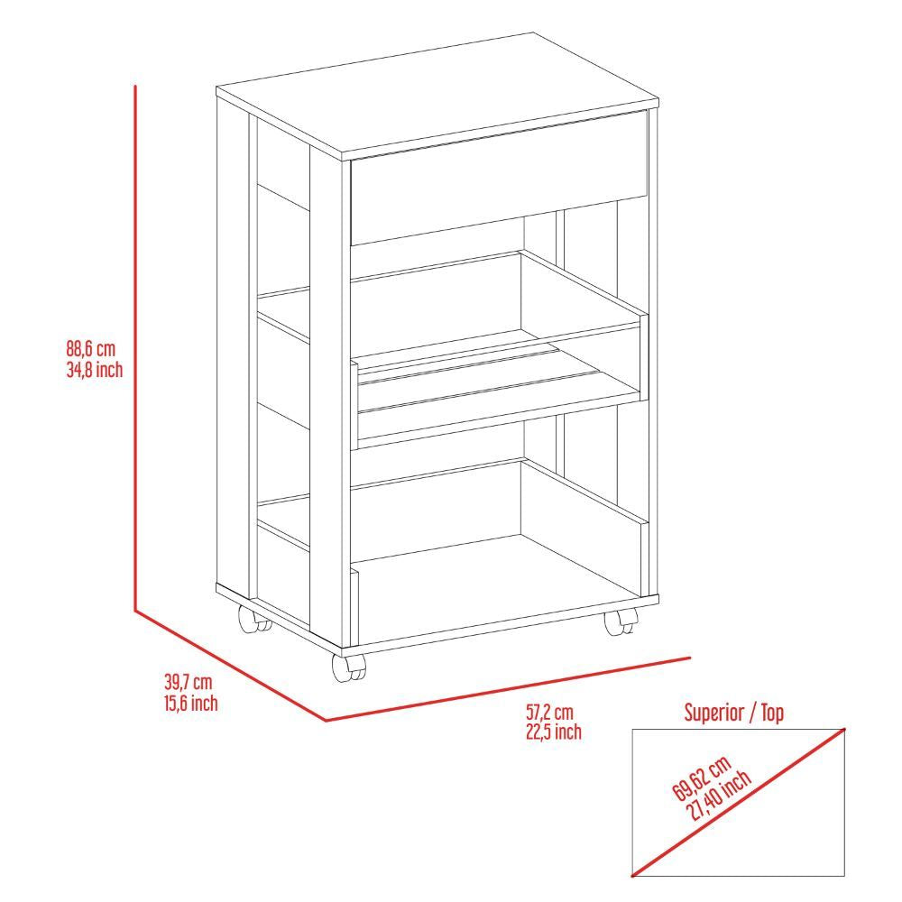 Modern Kitchen Cart 35" H, Four Casters, Three Shelves, White / Dark Walnut image 5