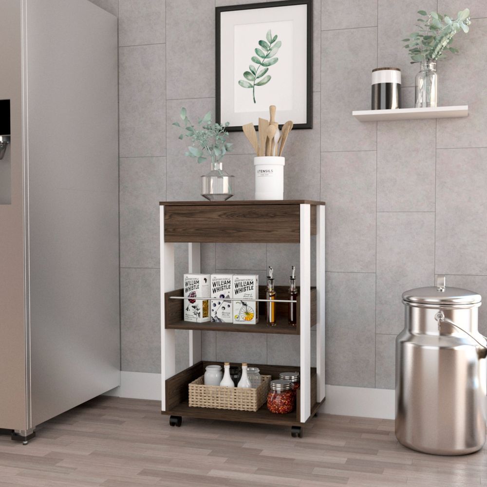 Modern Kitchen Cart 35" H, Four Casters, Three Shelves, White / Dark Walnut image 1