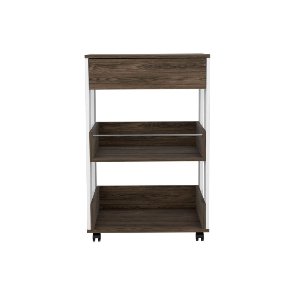Modern Kitchen Cart 35" H, Four Casters, Three Shelves, White / Dark Walnut image 3