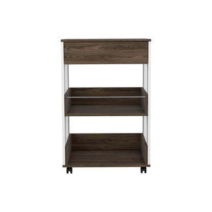 Modern Kitchen Cart 35" H, Four Casters, Three Shelves, White / Dark Walnut image 3