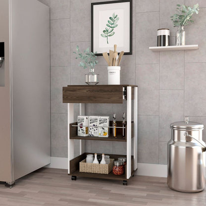Modern Kitchen Cart 35" H, Four Casters, Three Shelves, White / Dark Walnut image 2