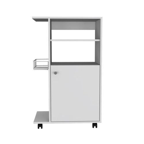 Modern Kitchen Cart 39" H, Single Door Cabinet, Four Wheels, One Side Shelf, White image 3