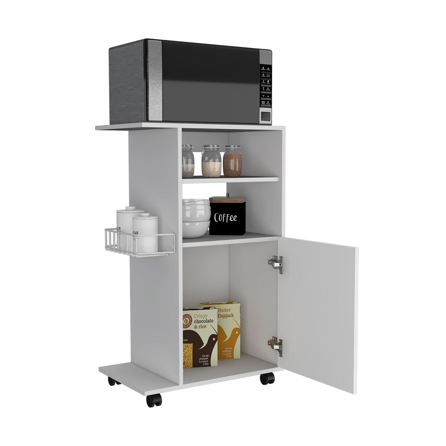 Modern Kitchen Cart 39" H, Single Door Cabinet, Four Wheels, One Side Shelf, White image 6