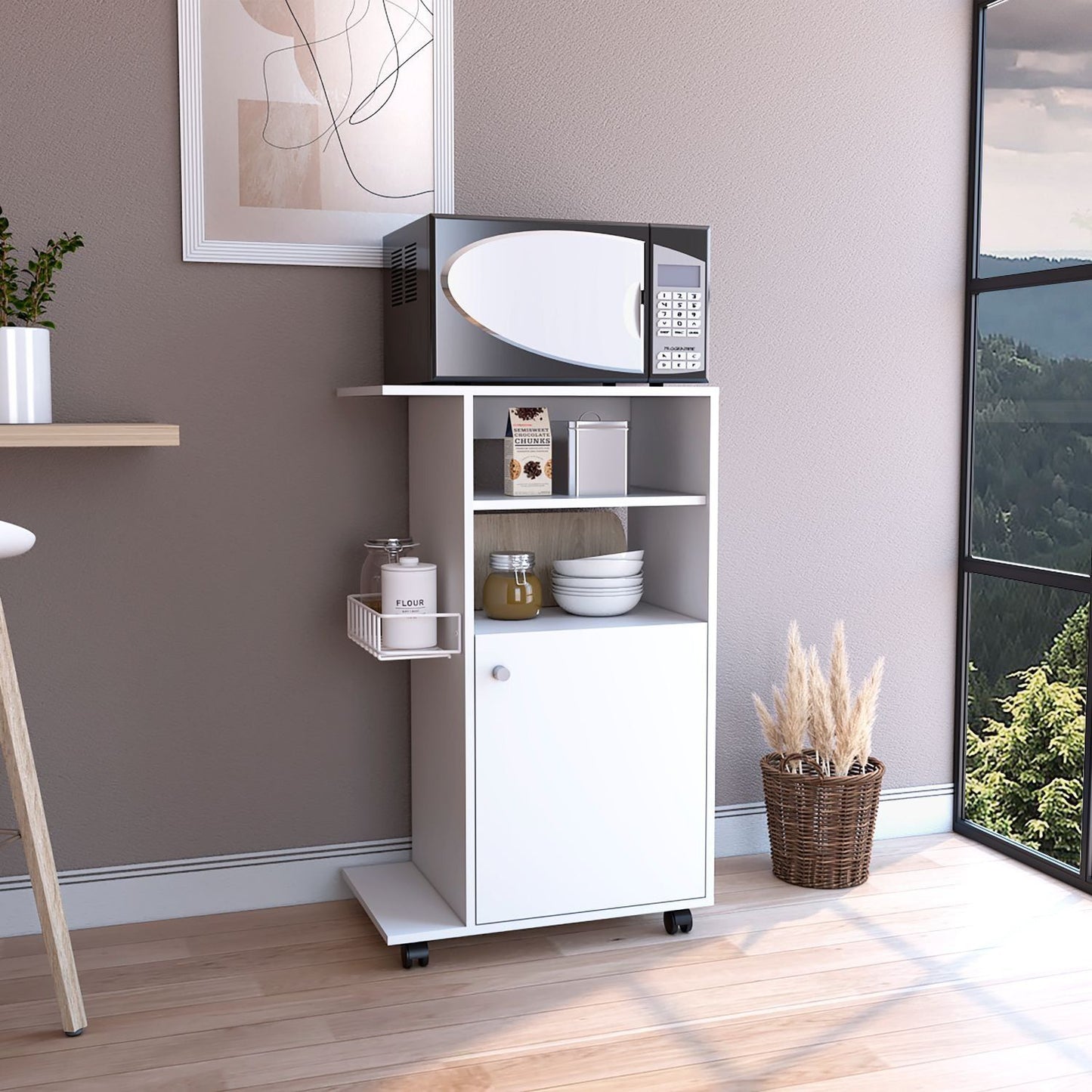 Modern Kitchen Cart 39" H, Single Door Cabinet, Four Wheels, One Side Shelf, White image 1