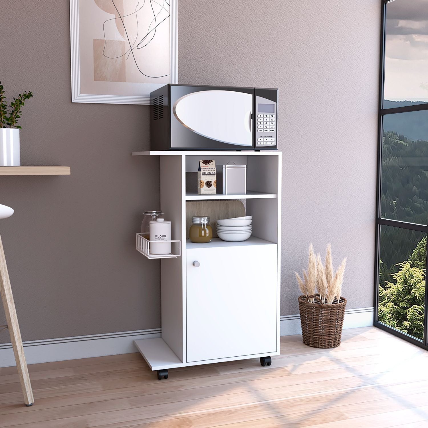 Modern Kitchen Cart 39" H, Single Door Cabinet, Four Wheels, One Side Shelf, White image 1