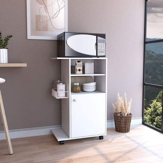 Modern Kitchen Cart 39" H, Single Door Cabinet, Four Wheels, One Side Shelf, White image 1