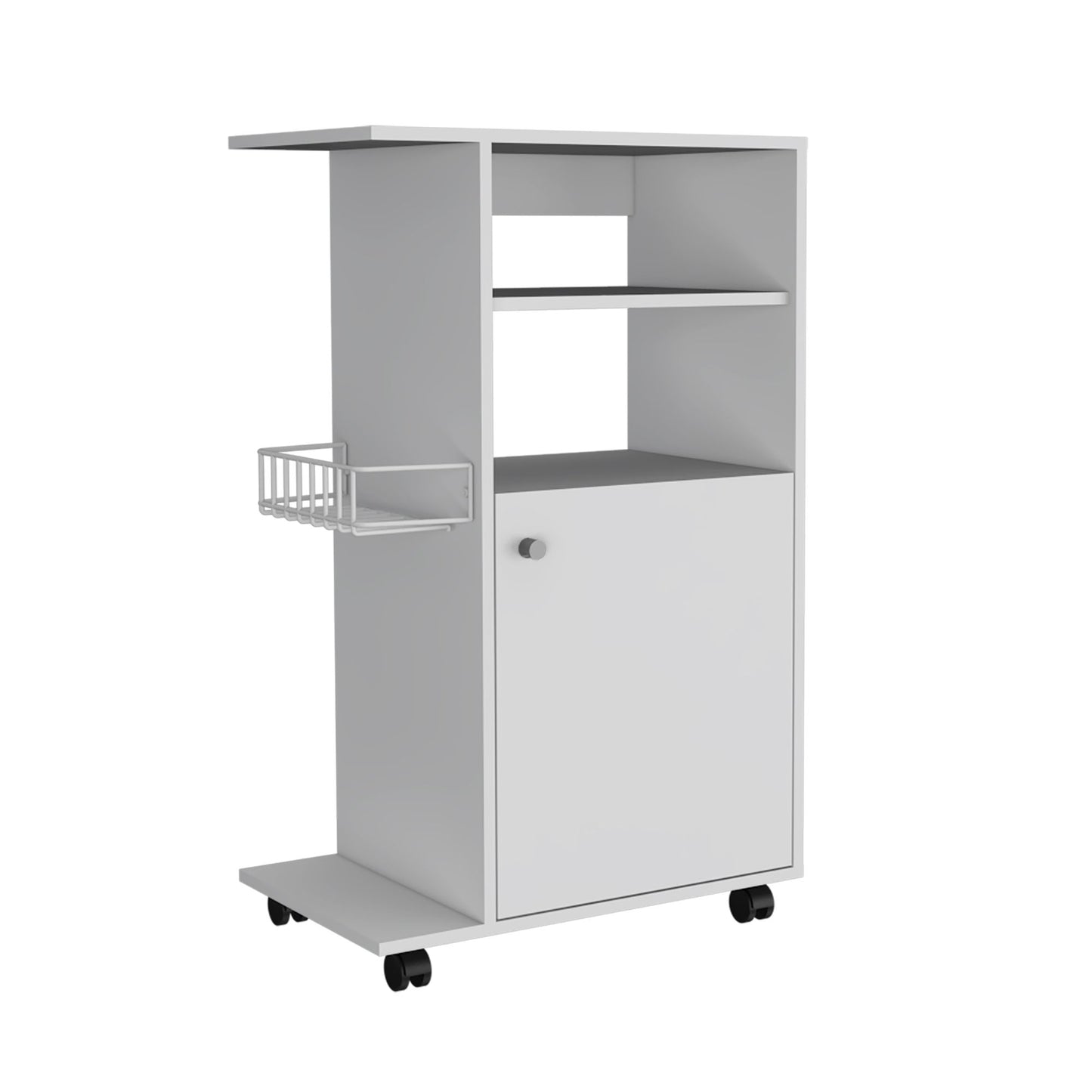 Modern Kitchen Cart 39" H, Single Door Cabinet, Four Wheels, One Side Shelf, White image 4
