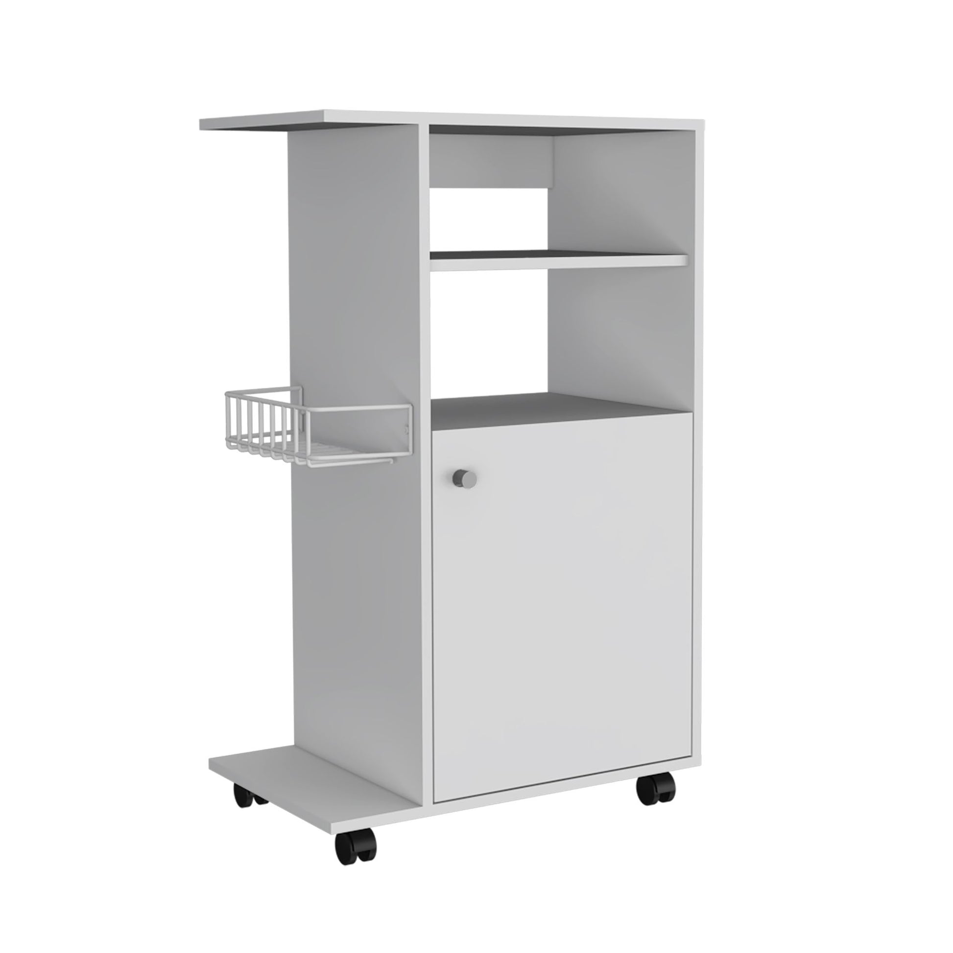 Modern Kitchen Cart 39" H, Single Door Cabinet, Four Wheels, One Side Shelf, White image 4