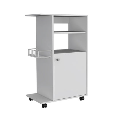Modern Kitchen Cart 39" H, Single Door Cabinet, Four Wheels, One Side Shelf, White image 4