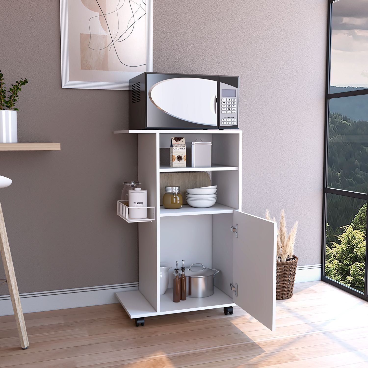 Modern Kitchen Cart 39" H, Single Door Cabinet, Four Wheels, One Side Shelf, White image 2