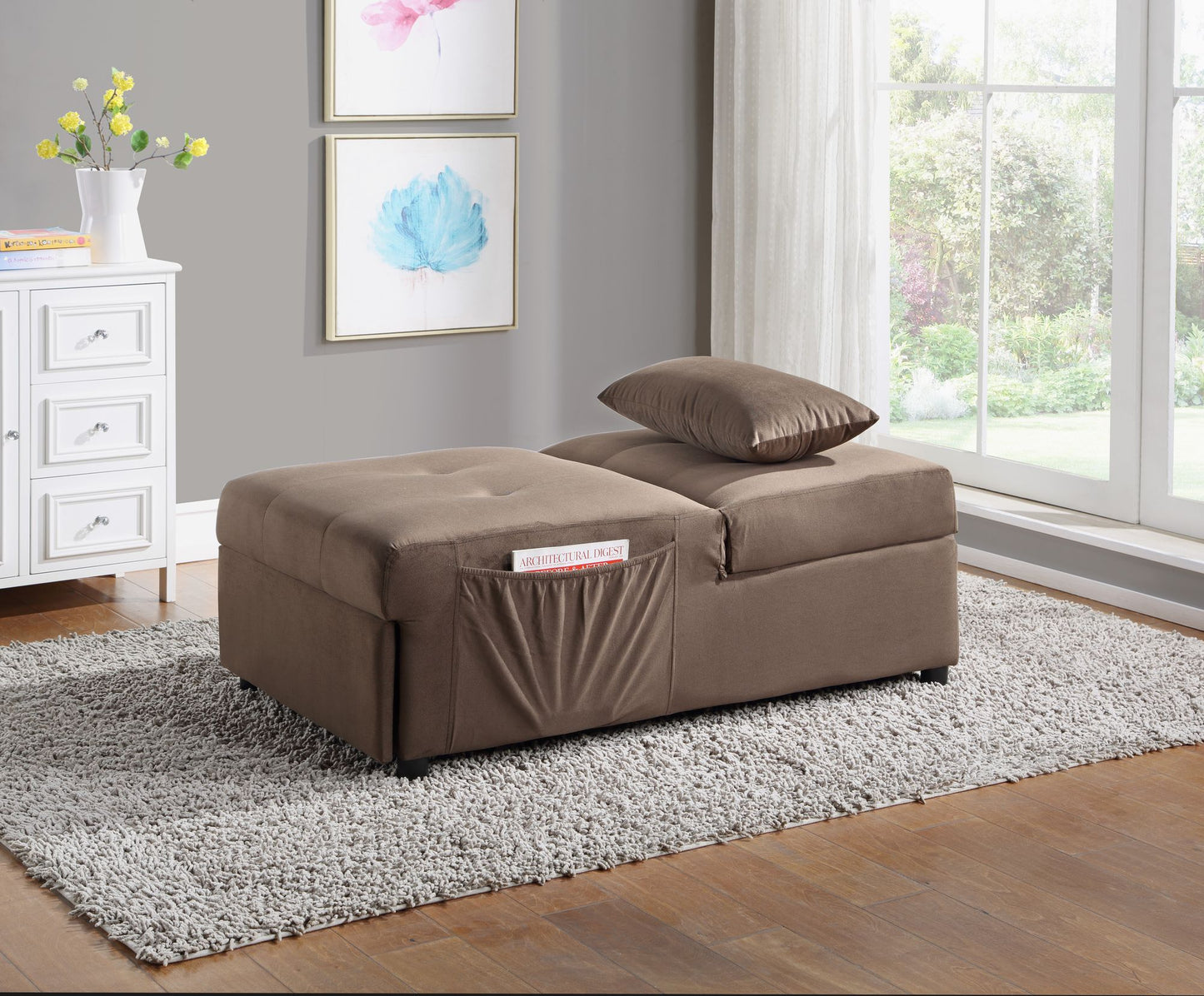 Modern Lift Top Storage Bench with Pull-out Bed 1pc Brown Velvet Tufted Solid Wood Furniture image 2