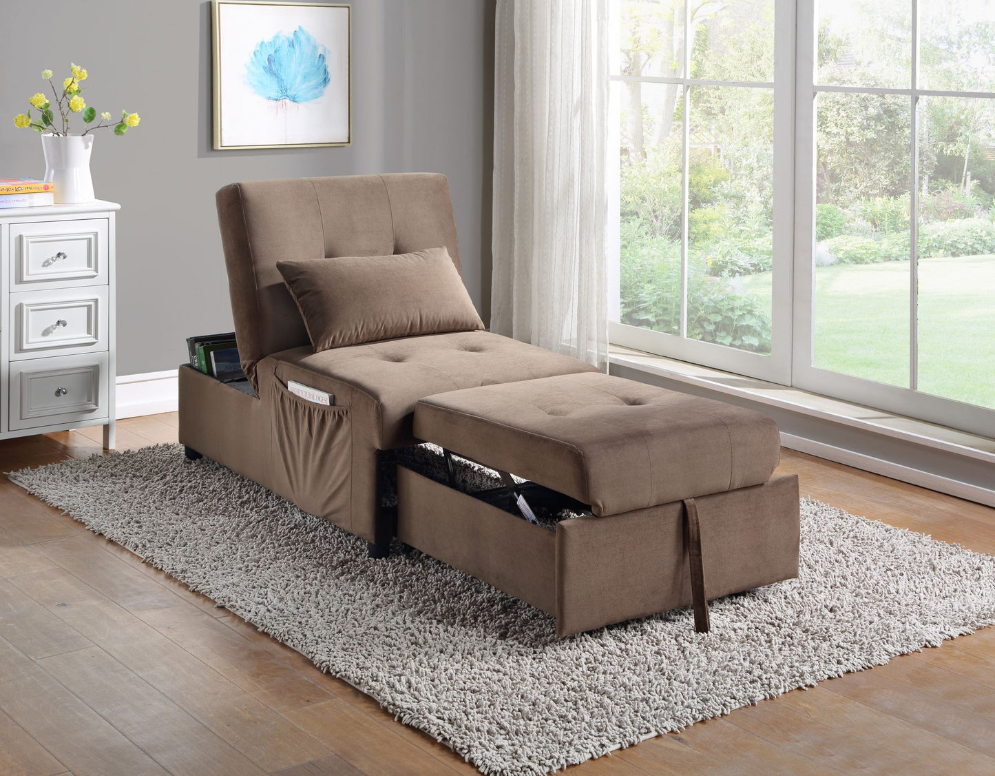 Modern Lift Top Storage Bench with Pull-out Bed 1pc Brown Velvet Tufted Solid Wood Furniture image 1