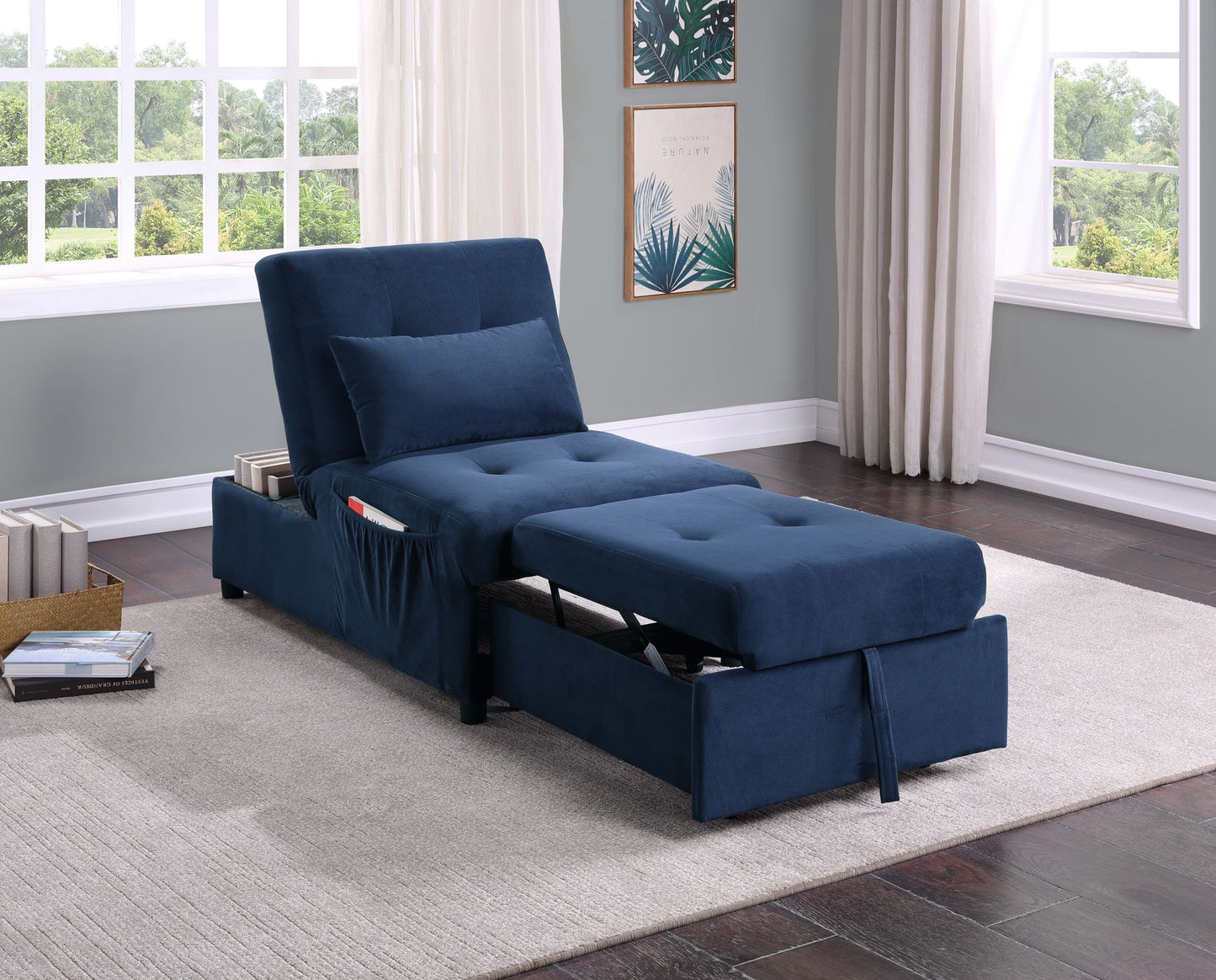 Modern Lift Top Storage Bench with Pull-out Bed 1pc Dark Blue Velvet Tufted Solid Wood Furniture image 2