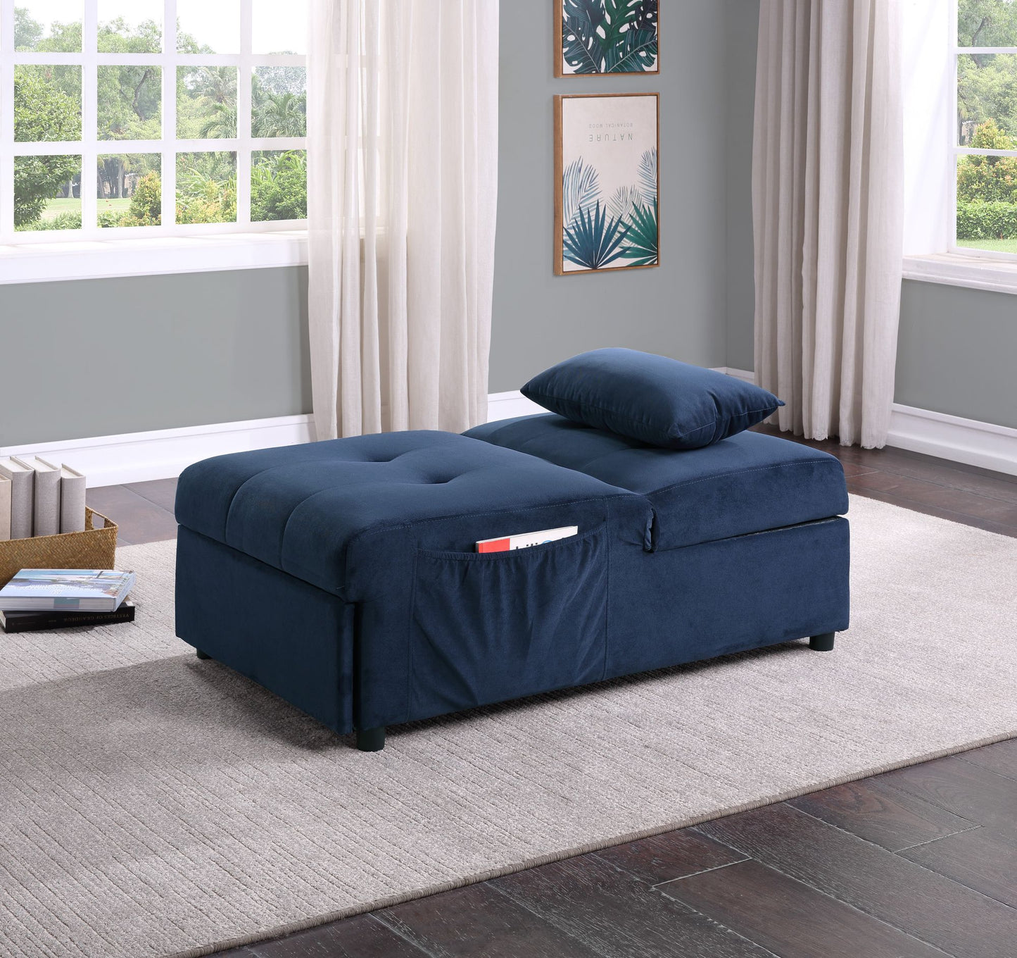 Modern Lift Top Storage Bench with Pull-out Bed 1pc Dark Blue Velvet Tufted Solid Wood Furniture image 1