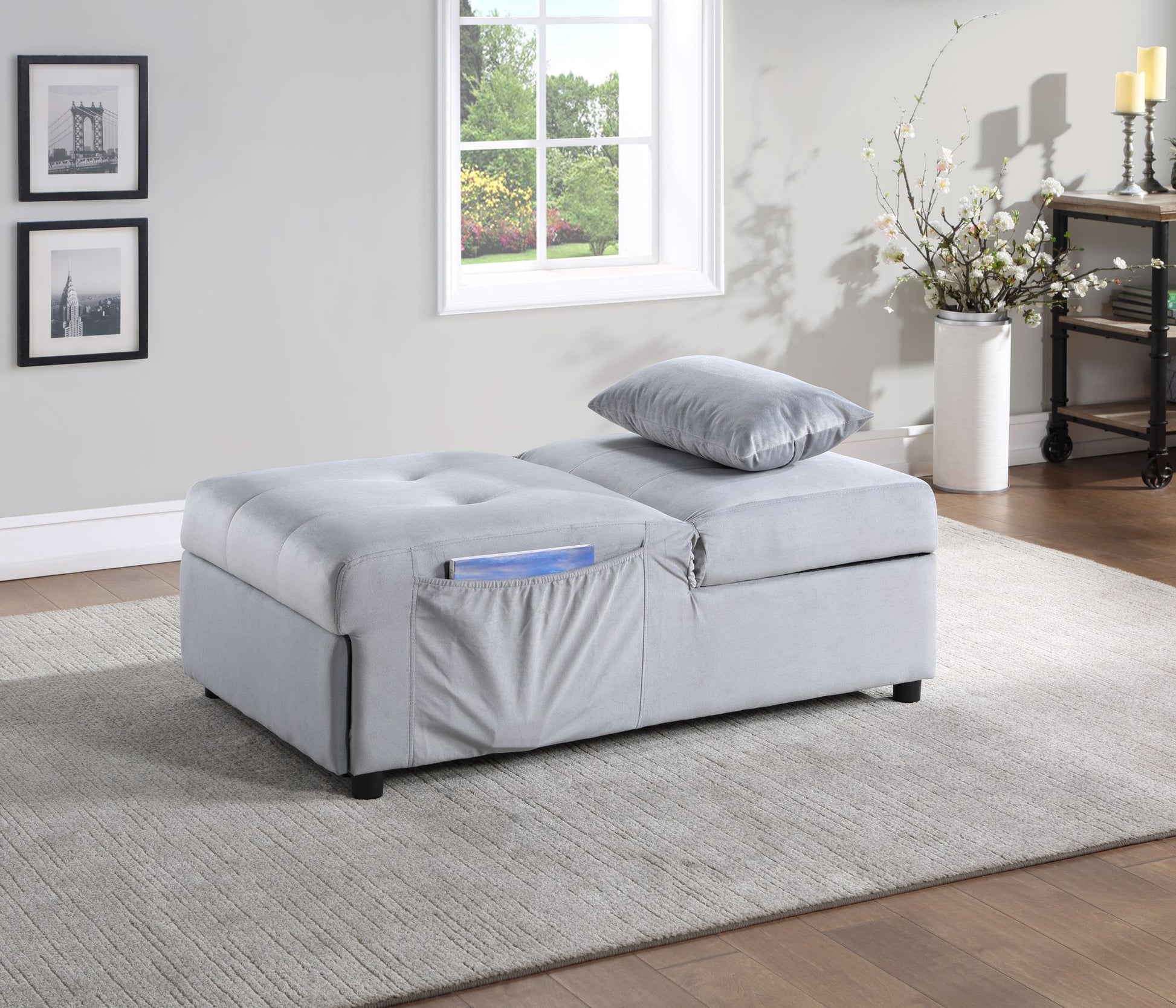 Modern Lift Top Storage Bench with Pull-out Bed 1pc Gray Velvet Tufted Solid Wood Furniture Convertible Chair image 2