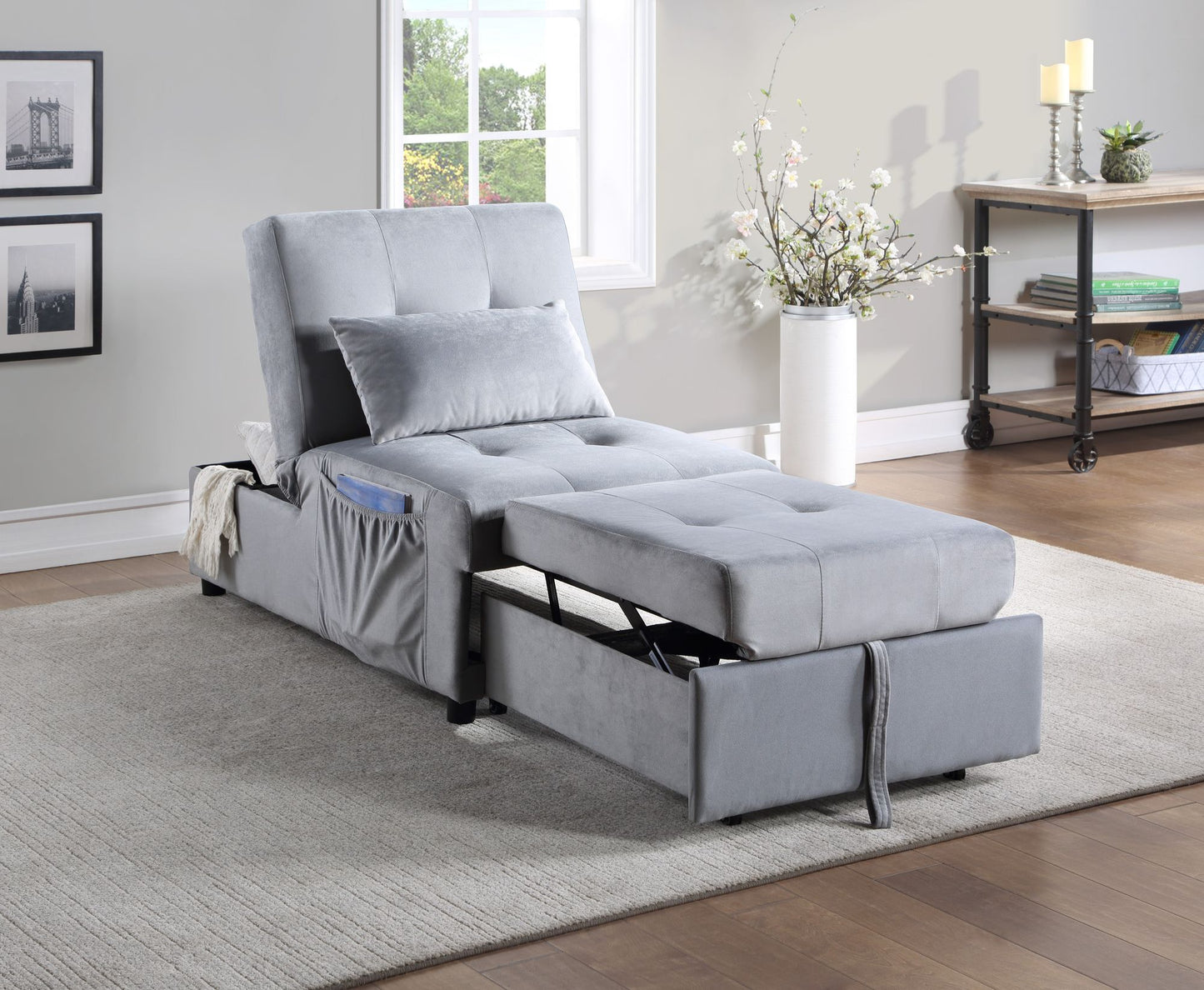Modern Lift Top Storage Bench with Pull-out Bed 1pc Gray Velvet Tufted Solid Wood Furniture Convertible Chair image 1