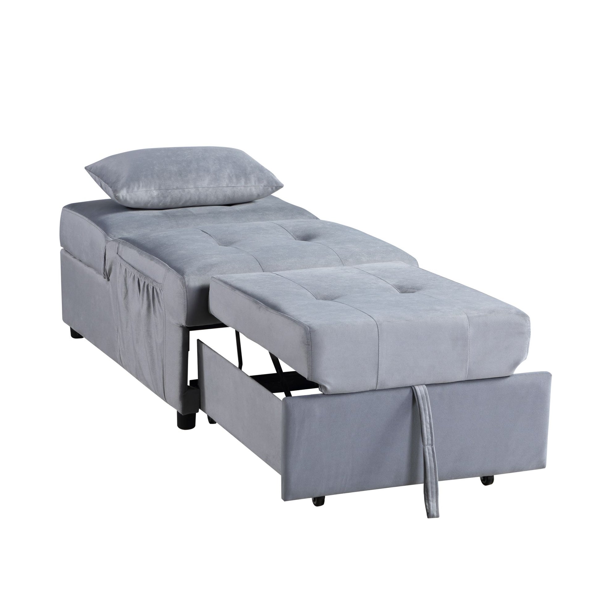 Modern Lift Top Storage Bench with Pull-out Bed 1pc Gray Velvet Tufted Solid Wood Furniture Convertible Chair image 5