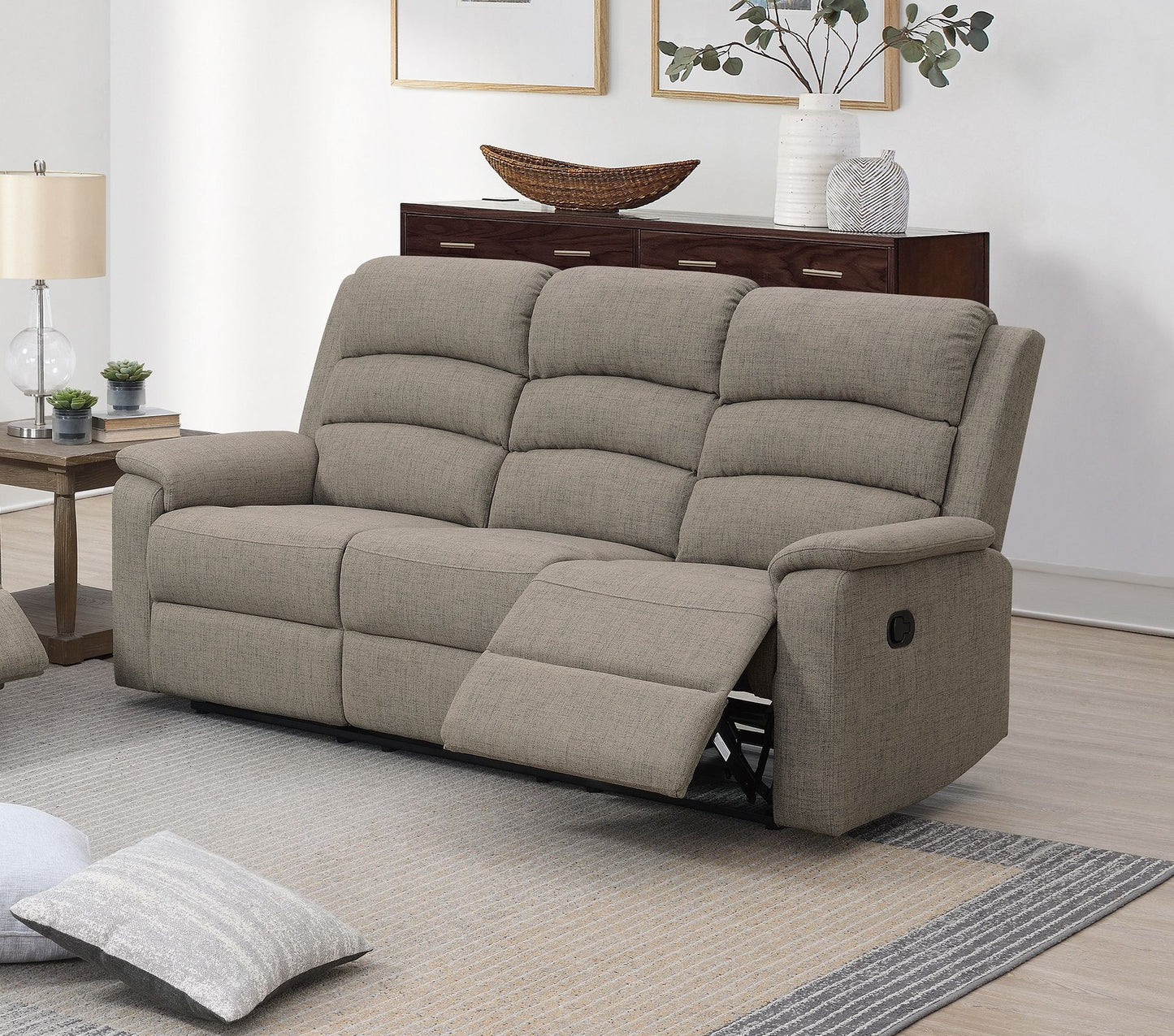 Modern Light Brown Color Burlap Fabric Recliner Motion Sofa 1pc Plush Couch Manual Motion Sofa Living Room Furniture image 1