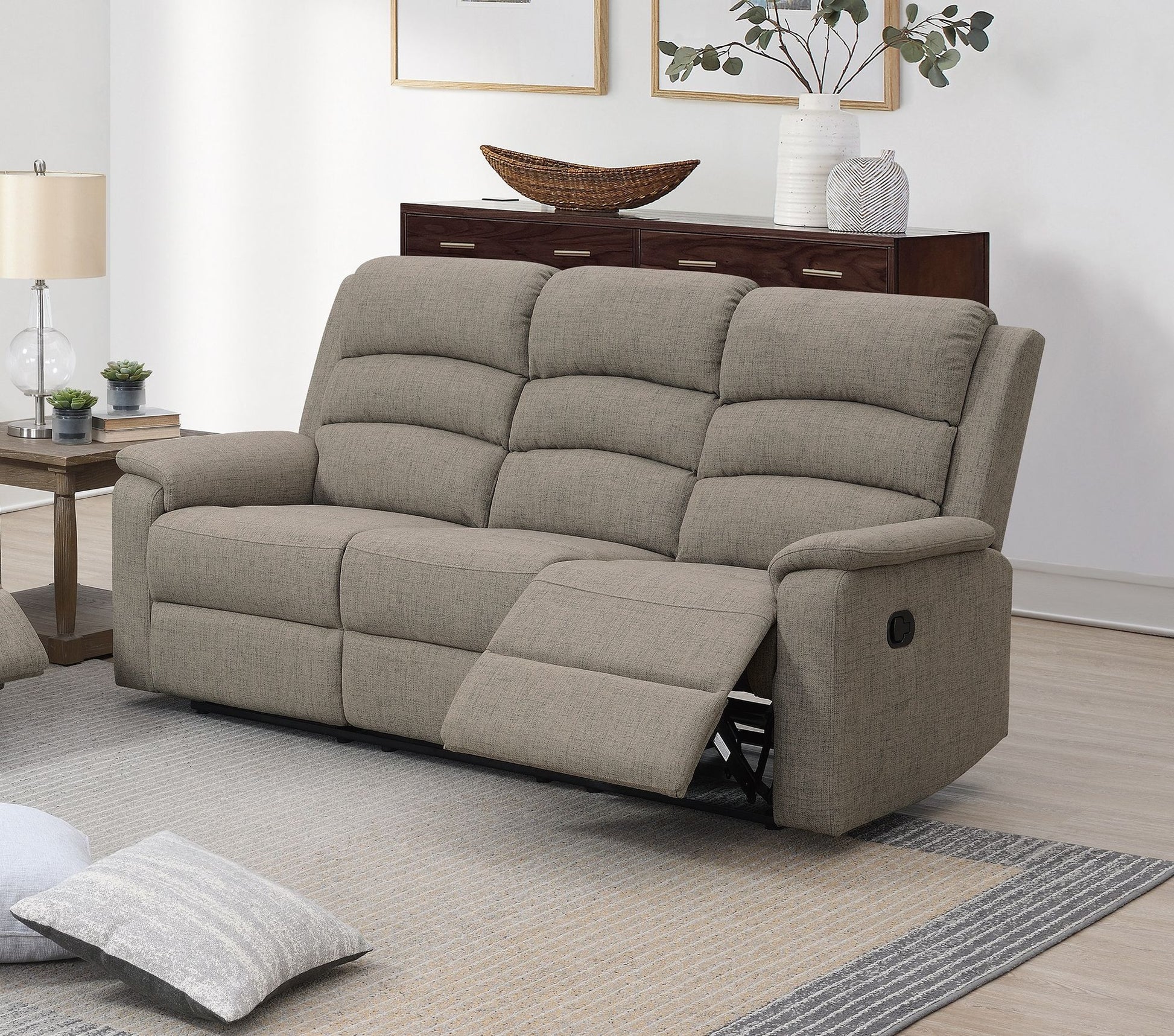 Modern Light Brown Color Burlap Fabric Recliner Motion Sofa 1pc Plush Couch Manual Motion Sofa Living Room Furniture image 1