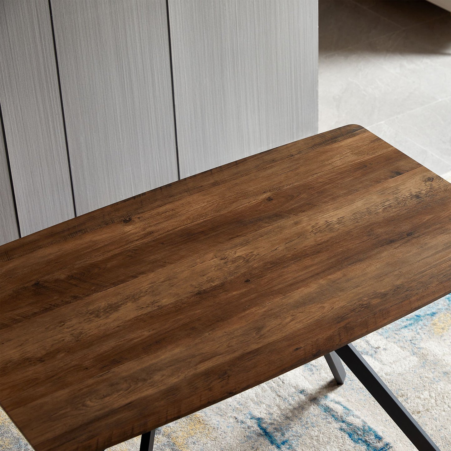 Modern Minimalist Style Dining Table MDF wooden Top Black Metal Shelf Metal Heat Transfer Legs Leveling Feet For Dining  image 5
