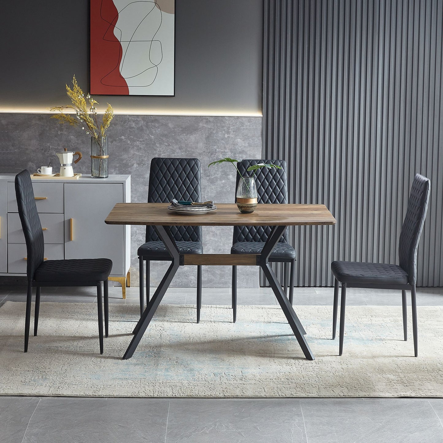 Modern Minimalist Style Dining Table MDF wooden Top Black Metal Shelf Metal Heat Transfer Legs Leveling Feet For Dining  image 3