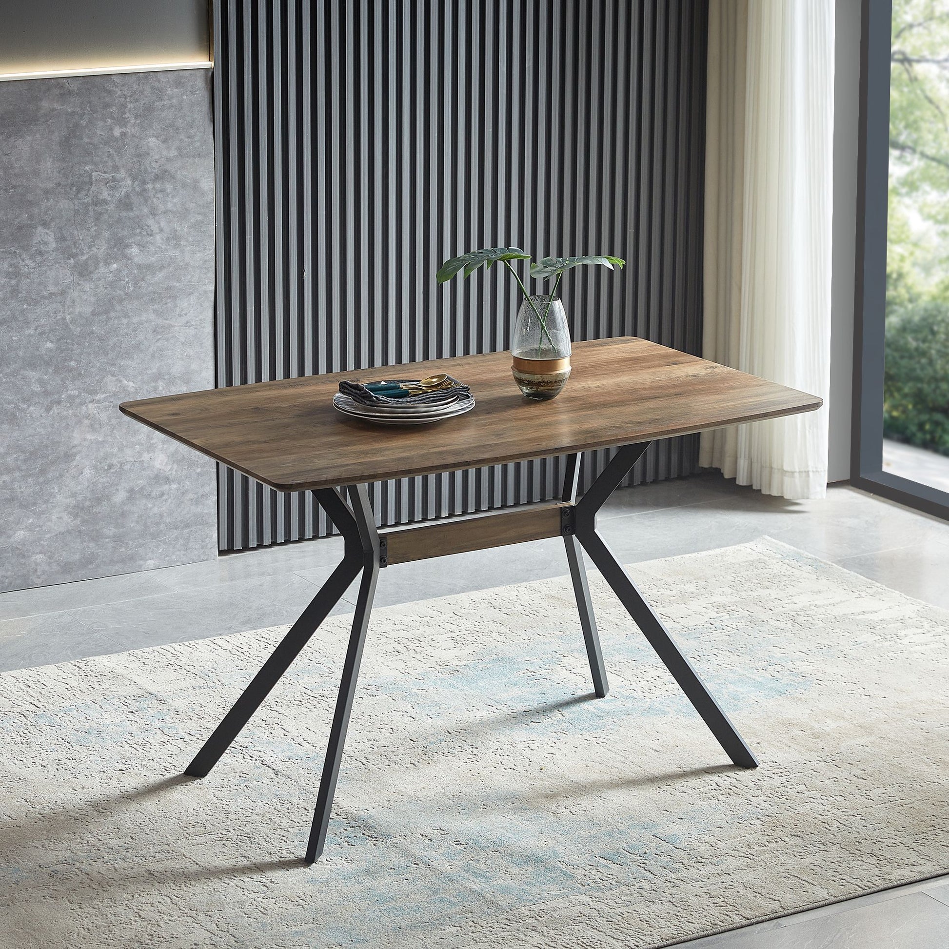 Modern Minimalist Style Dining Table MDF wooden Top Black Metal Shelf Metal Heat Transfer Legs Leveling Feet For Dining  image 1