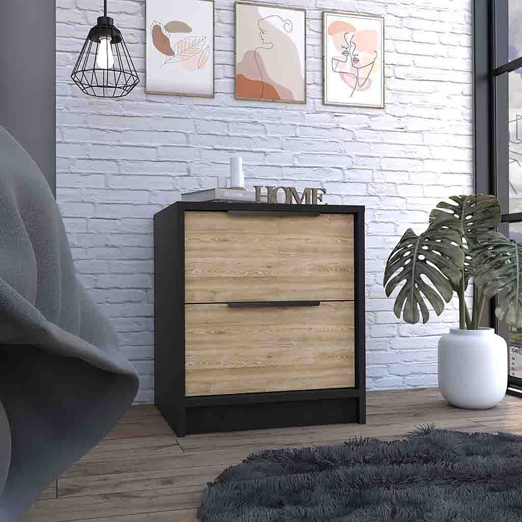 Modern Nightstand 19" H, Two Drawers, Black / Pine image 1