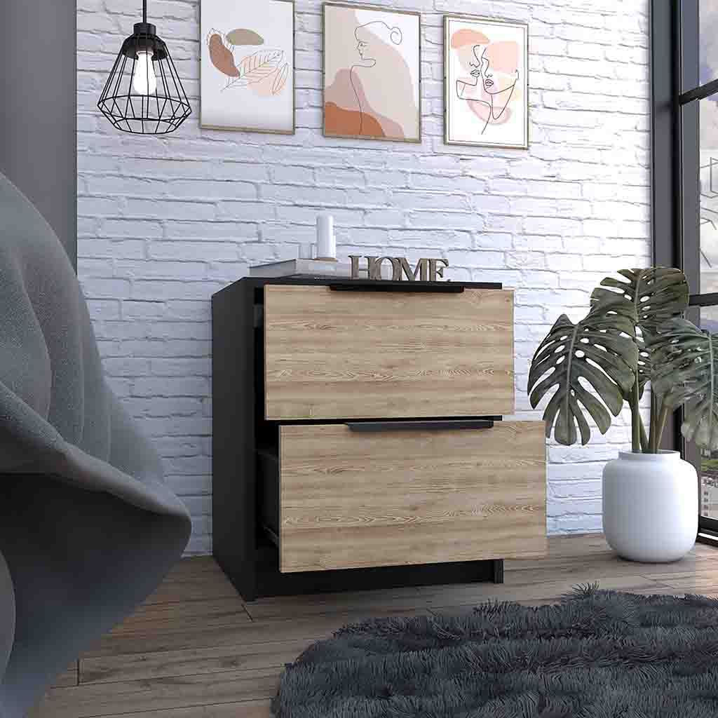 Modern Nightstand 19" H, Two Drawers, Black / Pine image 2