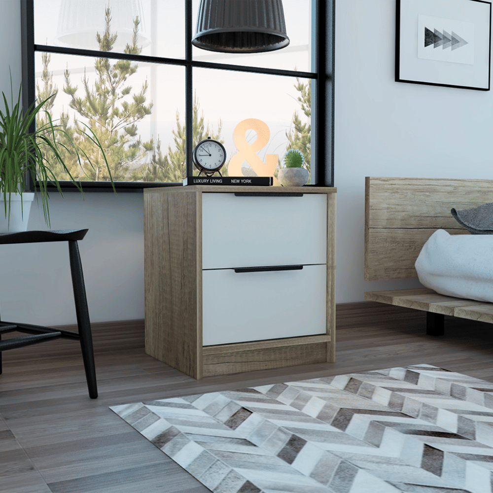 Modern Nightstand 19" H, Two Drawers, White / Light Oak image 1