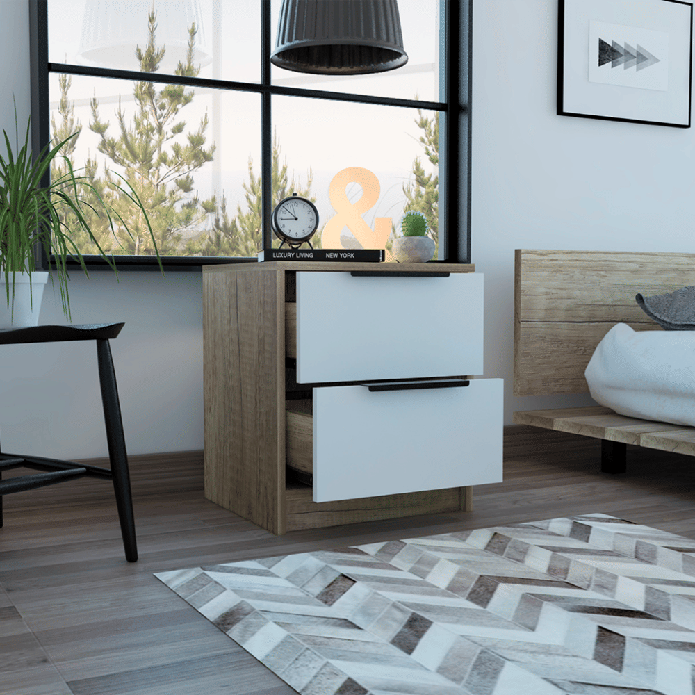 Modern Nightstand 19" H, Two Drawers, White / Light Oak image 4