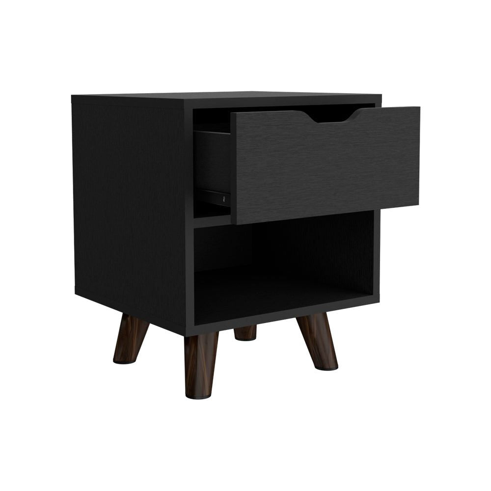 Modern Nightstand 19"H with Spacious Drawer, Open Storage Shelf and Chic Wooden Legs, Black image 6