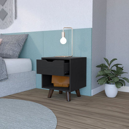 Modern Nightstand 19"H with Spacious Drawer, Open Storage Shelf and Chic Wooden Legs, Black image 2