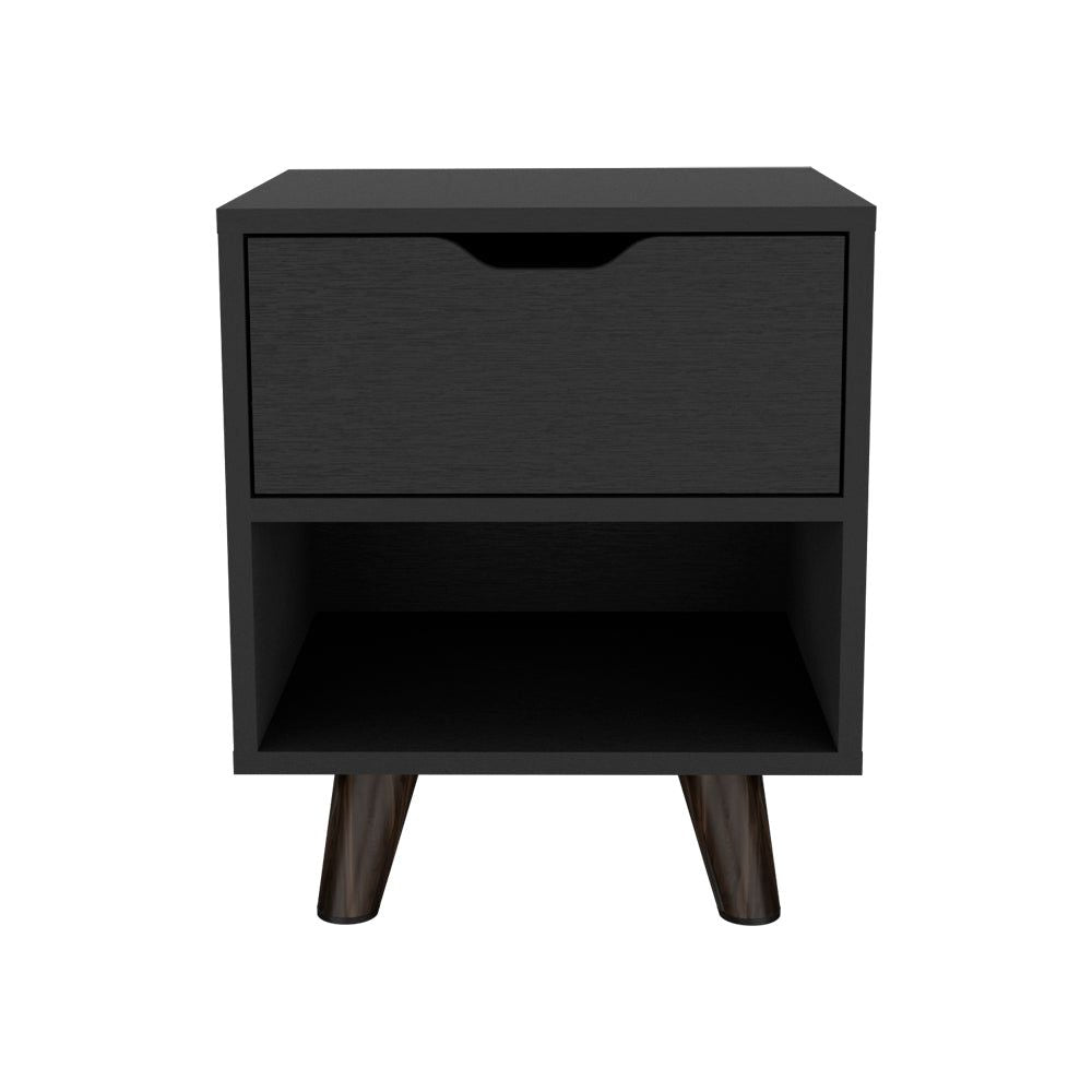 Modern Nightstand 19"H with Spacious Drawer, Open Storage Shelf and Chic Wooden Legs, Black image 3