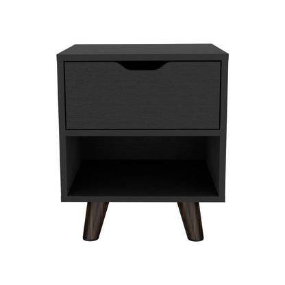 Modern Nightstand 19"H with Spacious Drawer, Open Storage Shelf and Chic Wooden Legs, Black image 3
