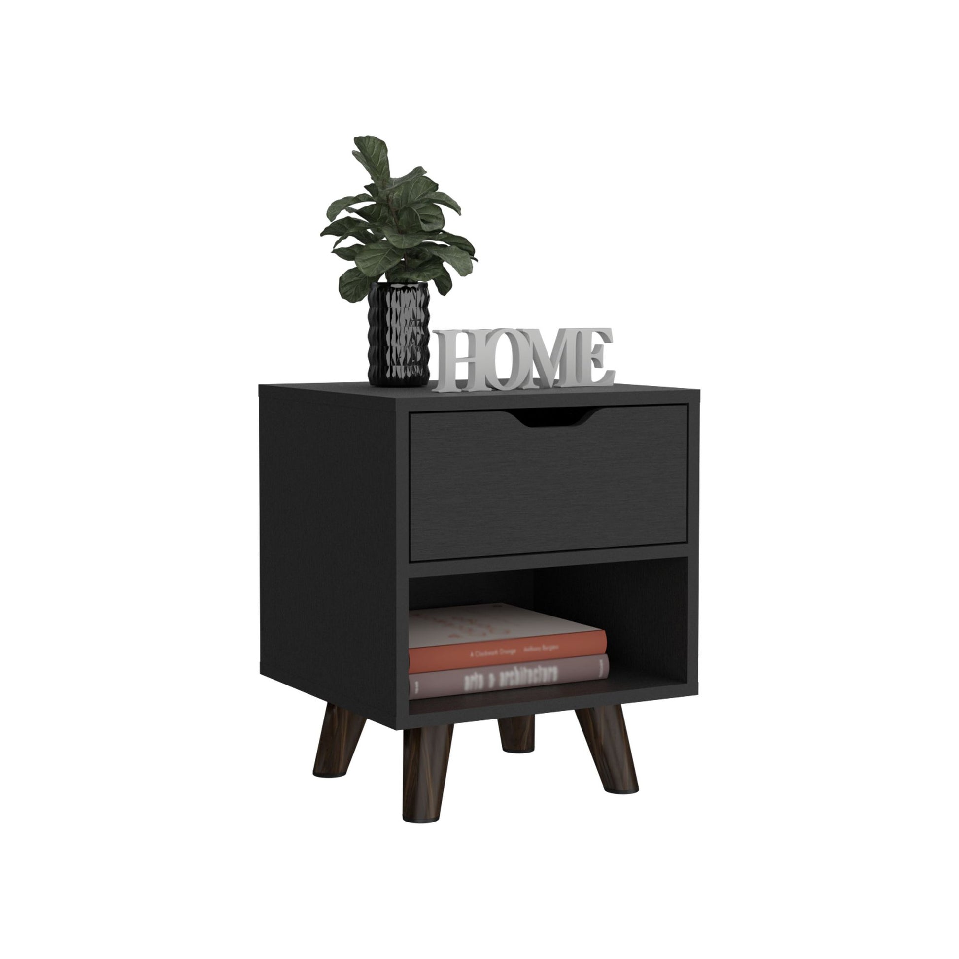 Modern Nightstand 19"H with Spacious Drawer, Open Storage Shelf and Chic Wooden Legs, Black image 5