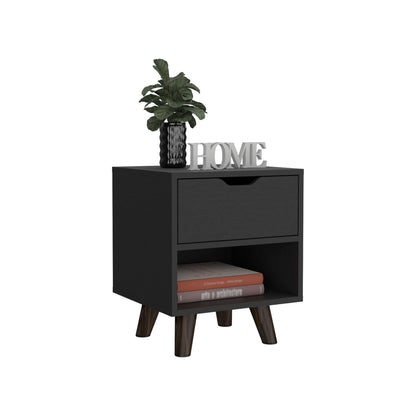 Modern Nightstand 19"H with Spacious Drawer, Open Storage Shelf and Chic Wooden Legs, Black image 5