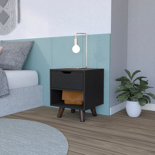 Modern Nightstand 19"H with Spacious Drawer, Open Storage Shelf and Chic Wooden Legs, Black image 1