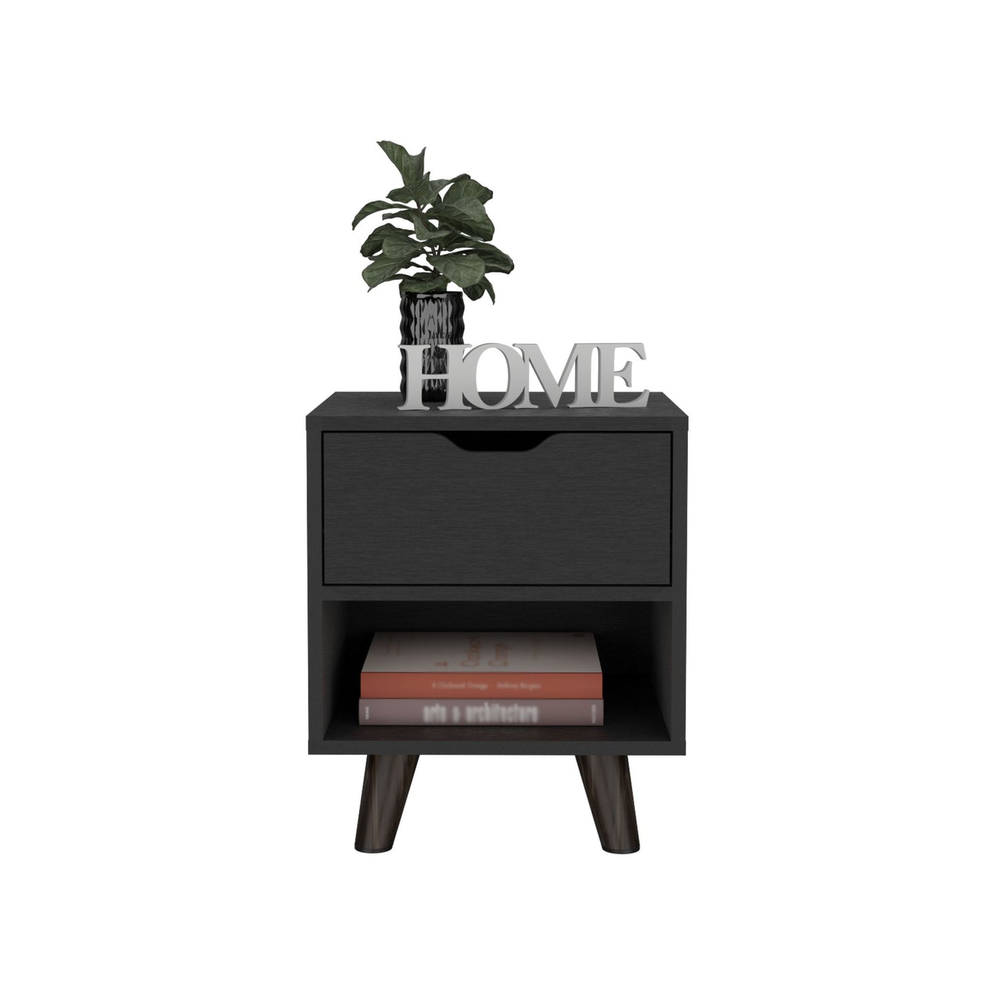 Modern Nightstand 19"H with Spacious Drawer, Open Storage Shelf and Chic Wooden Legs, Black image 4