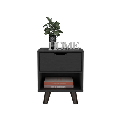 Modern Nightstand 19"H with Spacious Drawer, Open Storage Shelf and Chic Wooden Legs, Black image 4