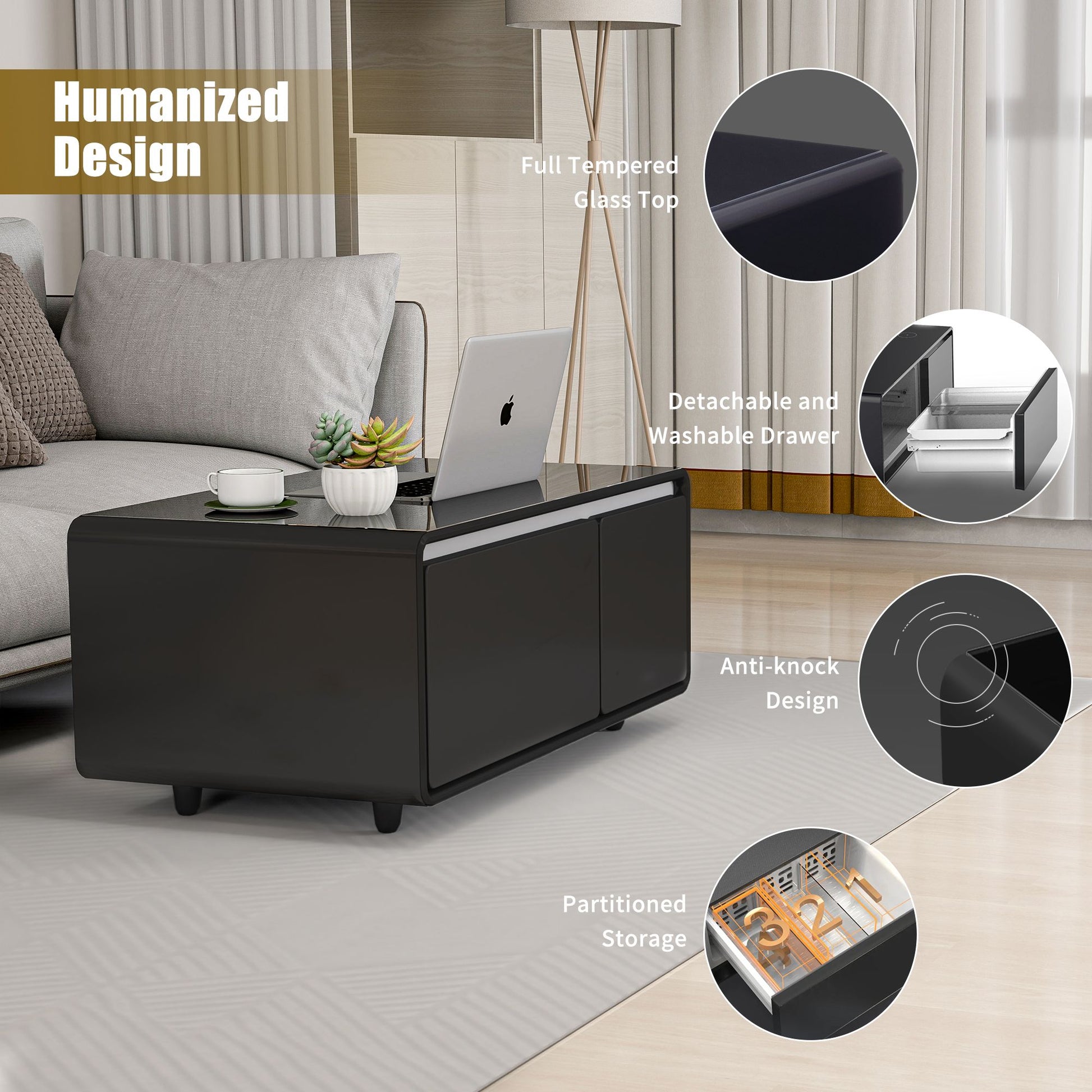 Modern Smart mini Coffee Table with Built in Fridge;  Outlet protection; Wireless charging module; Mechanical temperatur image 6