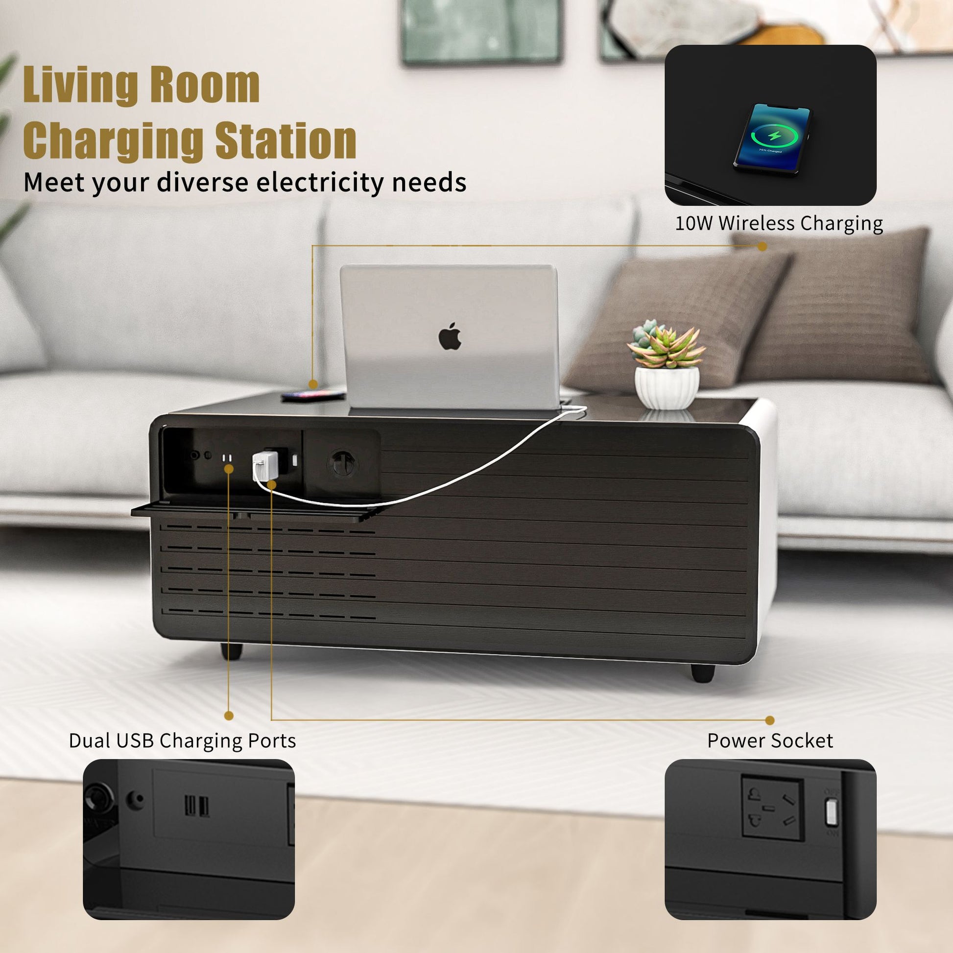 Modern Smart mini Coffee Table with Built in Fridge;  Outlet protection; Wireless charging module; Mechanical temperatur image 18