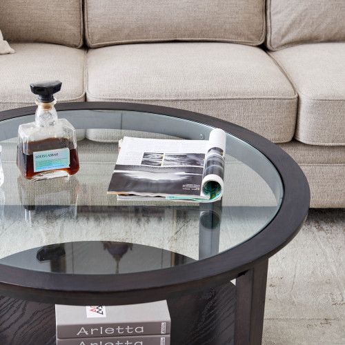 Modern Solid wood round coffee table with tempered glass top black color-36" image 3