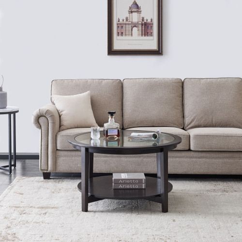 Modern Solid wood round coffee table with tempered glass top black color-36" image 4