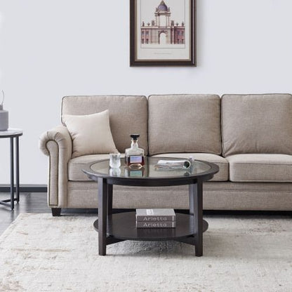 Modern Solid wood round coffee table with tempered glass top black color-36" image 4